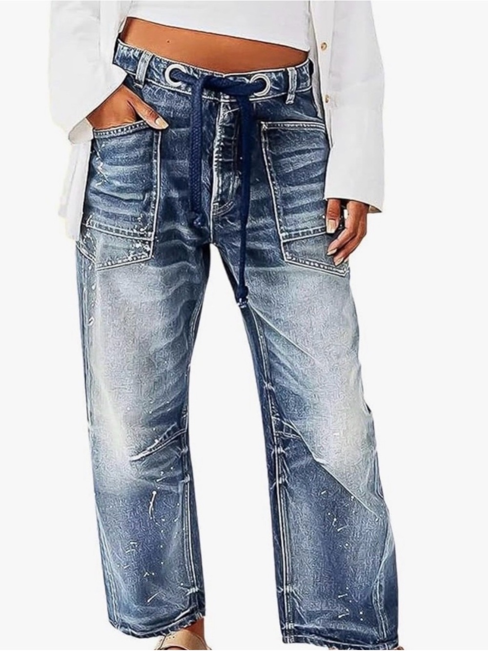 Flamingals Barrel Leg Cropped Jeans Paint Splatter Tie Waist Size Small NWT